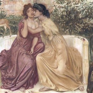 Lesbian Painting - Sappho and Erinna in a Garden at Mytilene by Simeon Solomon, Lesbian Art Canvas Print Lesbian Canvas Wall Art