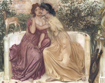 Dipinto lesbico - Saffo ed Erinna in un giardino a Mitilene di Simeon Solomon, stampa su tela di arte lesbica, arte murale lesbica su tela