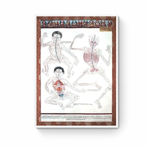 Ancient Tibetan Medicine Painting, Antique Anatomy Art Print, Vintage Human Meridian Chart, Tibet Anatomy Wall Art, Antique Art Canvas Print