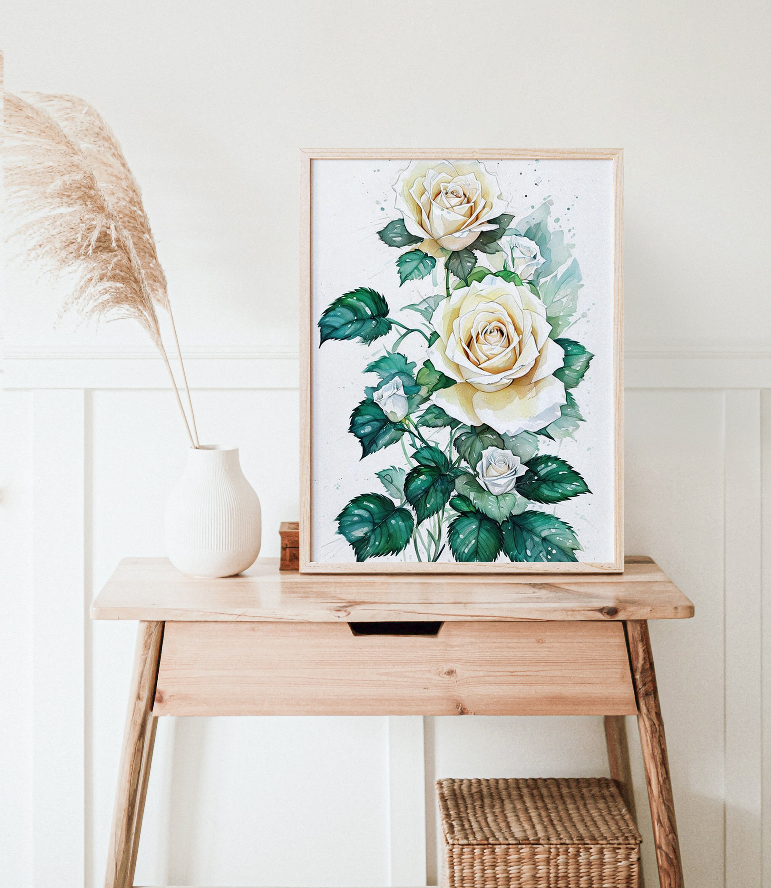 White Roses Color Art White Rose Flowers Watercolor Painting Canvas Art Print, Botoniacal ...