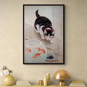 Gatto e ciotola di pesci rossi Ukiyo-e di Ohara Koson, arte giapponese Cavas Wall Art Prin Ukiyo-e Poster di gatti, dipinto di gatti, Goldgishes, Shin-hanga