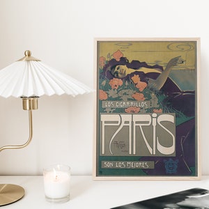 Antique Vintage 1920s Color Lithography Poster Aleardo Villa - Cigarrillos Paris, Art Nouveau Art Deco Vintage Poster Canvas Print Wall Art