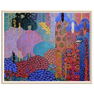 May include: A framed art print featuring a colorful, abstract painting. The artwork showcases a vibrant mix of patterns and colors, including red, blue, and pink. The painting depicts figures with blue hair and patterned clothing, set against a backdrop of stylized trees and shapes.