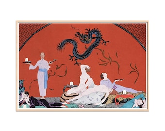 Lesbisk målning i Pasotz hus av George Barbier, lesbisk illustration i jugendstil, lesbisk konst, canvastavla, lesbisk väggkonst