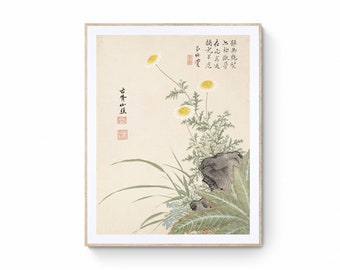 Chinoiserie Art Print, vintage Chinese wilde chrysanten inkt schilderij, chinoiserie bloemen muur kunst canvas print