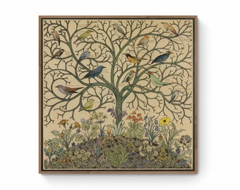 Songbirds Canvas Print, Exotic Birds and Tree Wall Art, Craftsman Style Prints, Vintage Patterns, Antique Crafts, Life Tree Canvas Wall Art