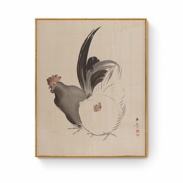 Japanese Chickens Print, Oriental Asian Landscape Ink Watercolor Sumi E Painting Japanese Ink Painting Wall Art Canvas Print