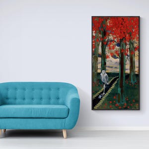 May include: A painting of a bird walking on a path through a forest. The trees have red leaves and the path is made of stones. The bird is white with a long neck and long legs.
