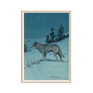 Lone Wolf in Starlight Painting Cavas Wall Art Print, American Landscape, Vintage Wolf Art, Wildlife Wall Art, Wilderness Art, Animal Art