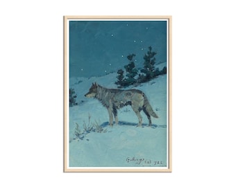 Lone Wolf Painting Canvas Print: Vintage American Wildlife Art, Starlight Wilderness Scene, Winter Wolf Decor