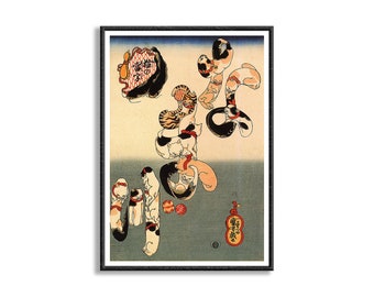 Kuniyoshi Art Print - Cats as a Word Ukiyo-e Canvas Print Wall Art For Home Decor, Japanese Art, Cat Prints, Cat Poster, Ukiyo-e Cat