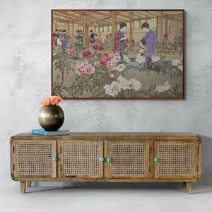Japanese Flora art prints, The Tokugawa Peony Garden, Ochiai Hiroshi Yoshida fine art canvas print, Japanese paintings, woodblock print