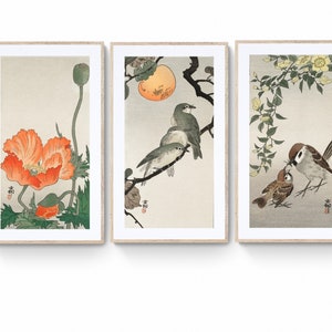 Set of 3 - Japanese colorful flower birds Print, Japandi Ink Watercolor Sumi E Painting Japanese Ink Painting Wall Art
