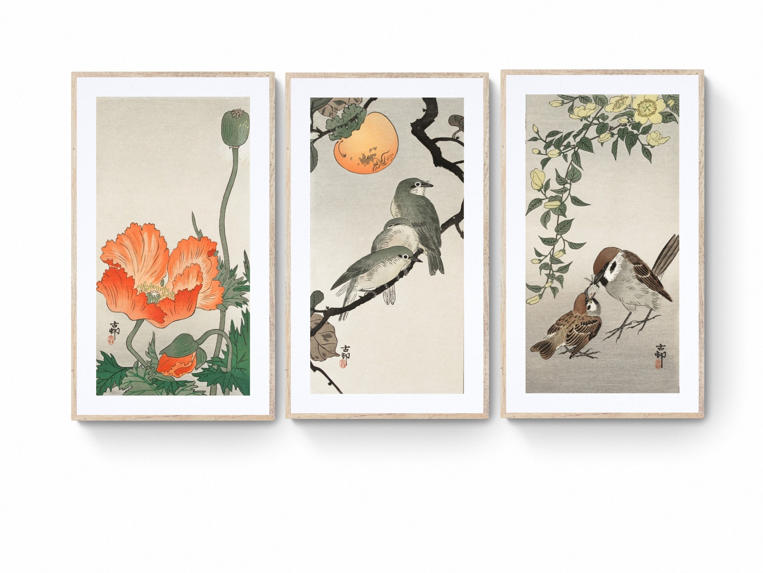 Set of 3 - Japanese colorful flower birds Print, Japandi Ink Watercolor Sumi E Painting Japanese Ink Painting Wall Art