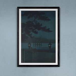 Kawase Hasui Reproduction Canvas Prints - Moonlit night, Miyajima 1921, Japnese Art Print Canvas Wall Art, Ukiyo-e Canvas Print Wall Art