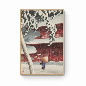 Kawase Hasui Snow Print, Japanese Temple Winter Scene Unframed Canvas Landscape Art | Japanese Wall Art | Ukiyo-e Print image 1