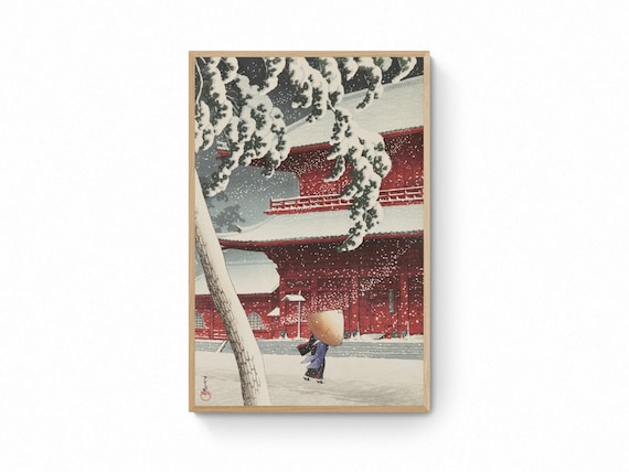 Kawase Hasui Snow Print, Japanese Temple Winter Scene Unframed Canvas Landscape Art | Japanese Wall Art | Ukiyo-e Print