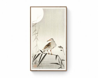 Japanese Birds and Moon Canvas Print, Sumi E Ink Painting, Japandi Wall Art