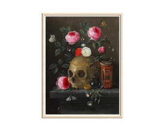 Pintura oscura y sombría de flores y calaveras, pintura de flores góticas, arte Memento Mori, arte oscuro, impresión en lienzo de pintura simbólica