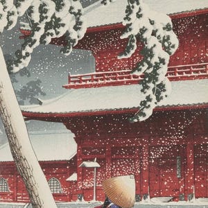 Kawase Hasui Snow Print, Japanese Temple Winter Scene Unframed Canvas Landscape Art | Japanese Wall Art | Ukiyo-e Print image 3