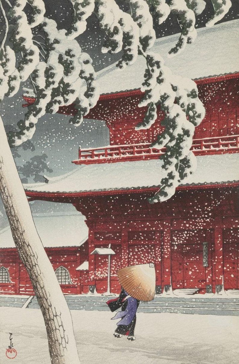 Kawase Hasui Snow Print, Japanese Temple Winter Scene Unframed Canvas Landscape Art | Japanese Wall Art | Ukiyo-e Print image 3