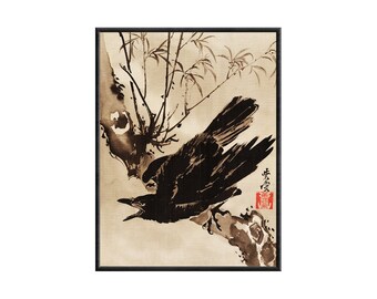 Antique Crow Canvas Print, Moon, Forest, Woodland Nature Art