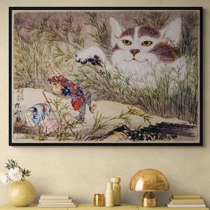 Antique Asian Cat Art Canvas Print, Japanese Wall Art, Japanese Cat and Birds, Animals, Kawanabe Kyōsai, Cat Ukiyo-e by Kawanabe Kyosai