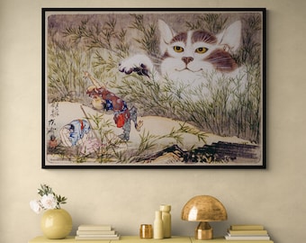 Antique Asian Cat Art Canvas Print, Japanese Wall Art, Japanese Cat and Birds, Animals, Kawanabe Kyōsai, Cat Ukiyo-e by Kawanabe Kyosai