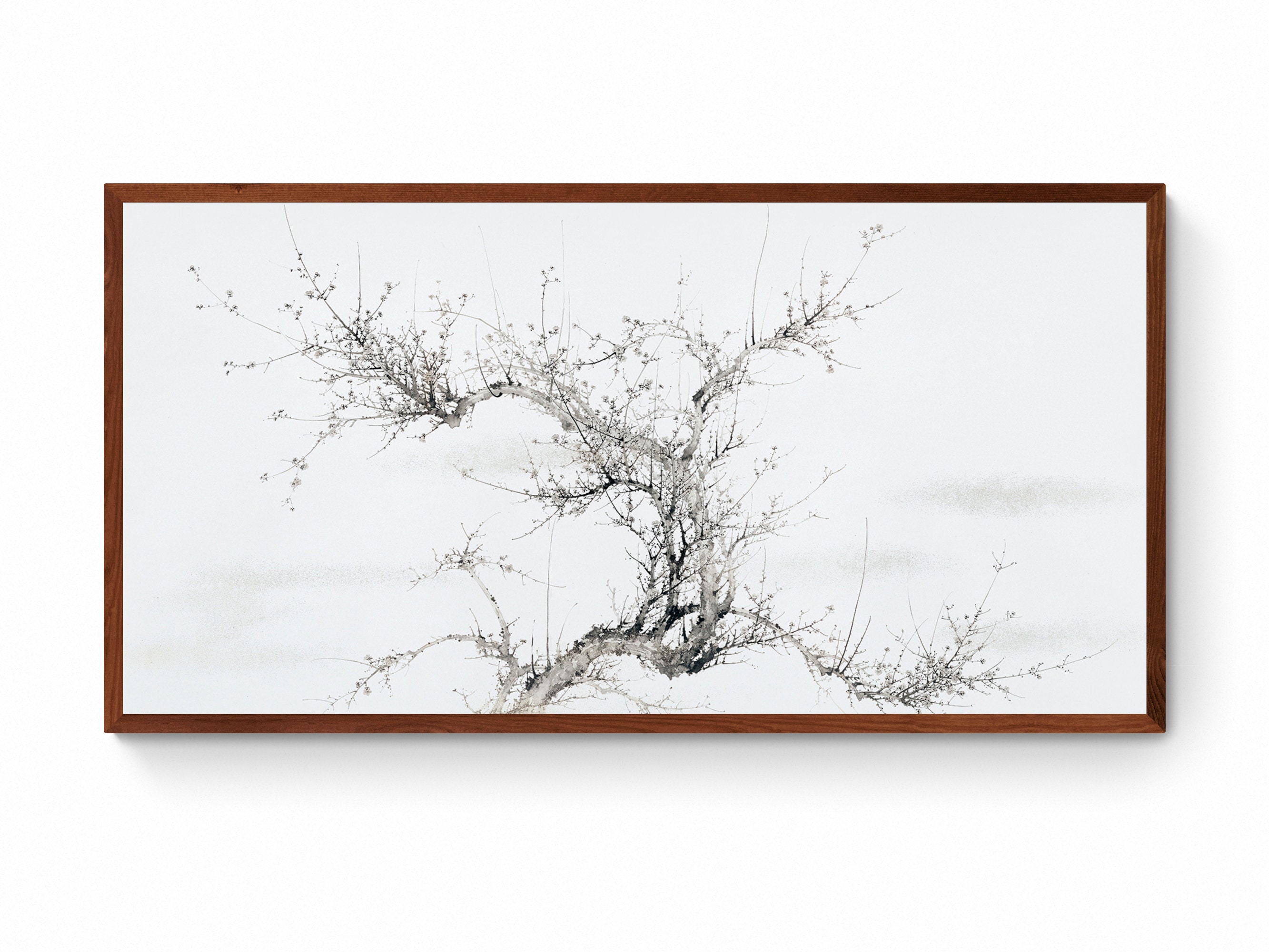 枯れ木の絵海絵モノクロ日本画壁アート、山本梅逸によるアンティークな