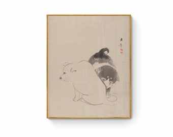 May include: A framed black and white ink painting of two dogs. The dogs are in a playful pose, with one dog's head resting on the other dog's back. The painting is on a beige background with a red seal in the upper right corner.