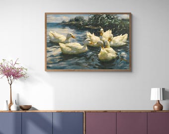 Waterfowl Rustic Duck Canvas Print: Six Mallards in Pond, Country Wildlife Scene, Vintage Style, Nature Wall Decor