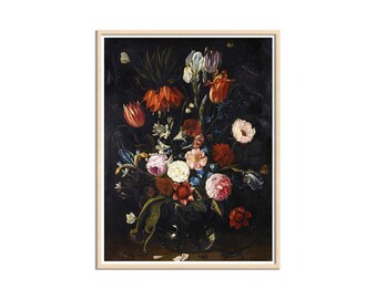 Pintura floral oscura y melancólica, pintura de flores góticas, arte botánico antiguo, arte oscuro, impresión en lienzo de pintura simbólica