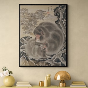Monkeys canvas art print wall art, Japanese macaques, Mountain macaque painting, Antique Animal wall art, Vintage Animal poster image 1