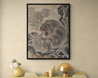 Monkeys canvas art print wall art, Japanese macaques, Mountain macaque painting, Antique Animal wall art, Vintage Animal poster