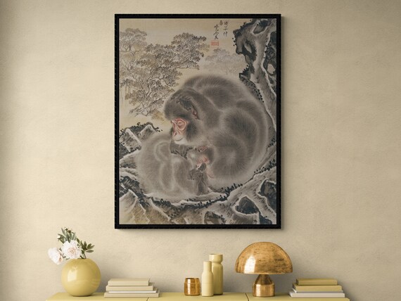 Monkeys canvas art print wall art, Japanese macaques, Mountain macaque painting, Antique Animal wall art, Vintage Animal poster