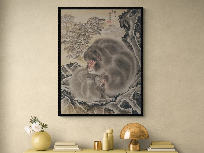 Monkeys canvas art print wall art, Japanese macaques, Mountain macaque painting, Antique Animal wall art, Vintage Animal poster image 1
