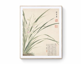 Chinoiseriekunstdruk, vintage Chinese orchidee-inktschilderij, chinoiserie bloemenkunst aan de muur canvasafdruk