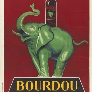 以下が含まれることがあります： ブルドゥ・グラン・キニーナ・アペリティフのヴィンテージポスター。ポスターには、背中にブルドゥのボトルを乗せた緑色の象が描かれている。ポスターのテキストは「ブルドゥ・グラン・キニーナ・アペリティフ・コントル・レ・フィエーブル」となっている。