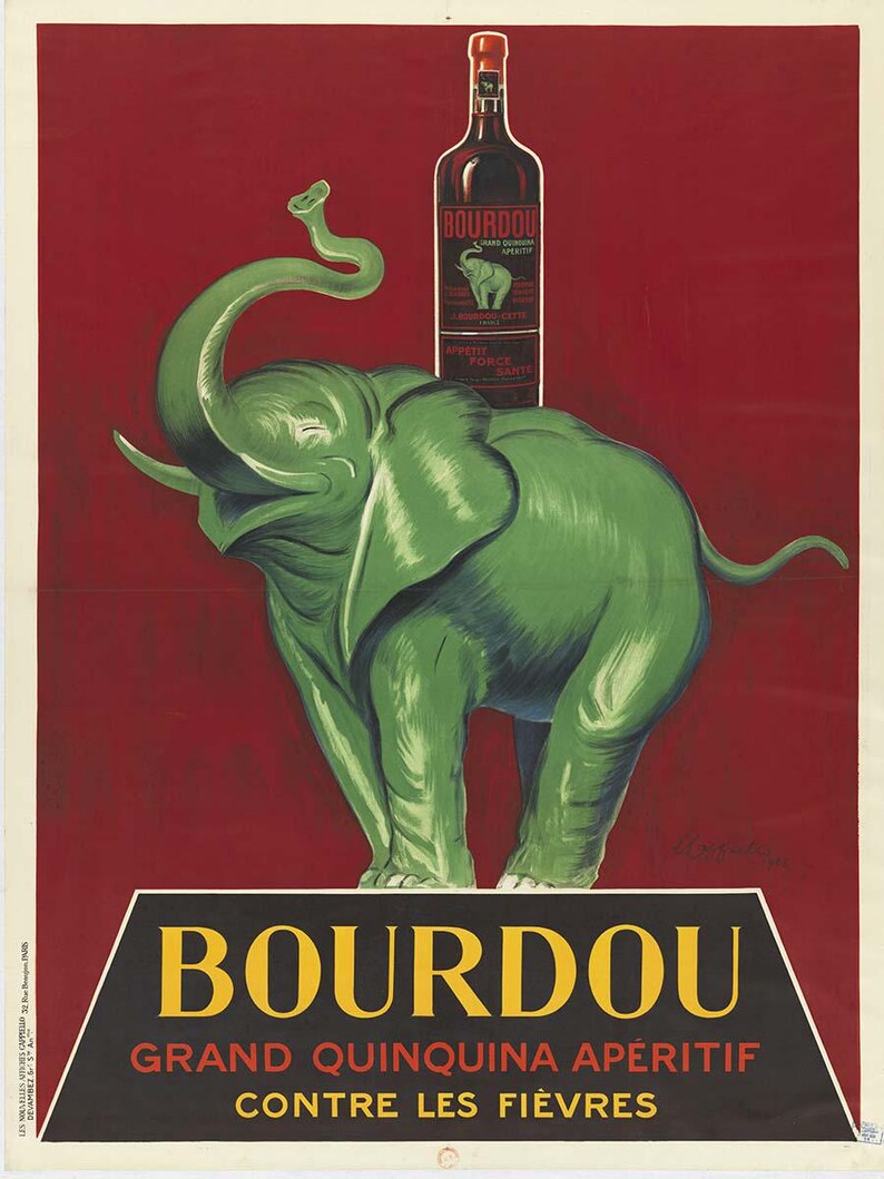以下が含まれることがあります： ブルドゥ・グラン・キニーナ・アペリティフのヴィンテージポスター。ポスターには、背中にブルドゥのボトルを乗せた緑色の象が描かれている。ポスターのテキストは「ブルドゥ・グラン・キニーナ・アペリティフ・コントル・レ・フィエーブル」となっている。