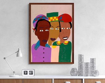Three Friends by William H. Johnson, Three Afican American Gils, American Folk Art, Primitive, Naive Canvas Art Print