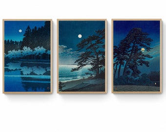 Set of 3, 1 - Japanese Woodstock Canvas Print Full Moon at Blue Night Set by Kawase Hasui, Full Moon 3 Panel Set Canvas Prints