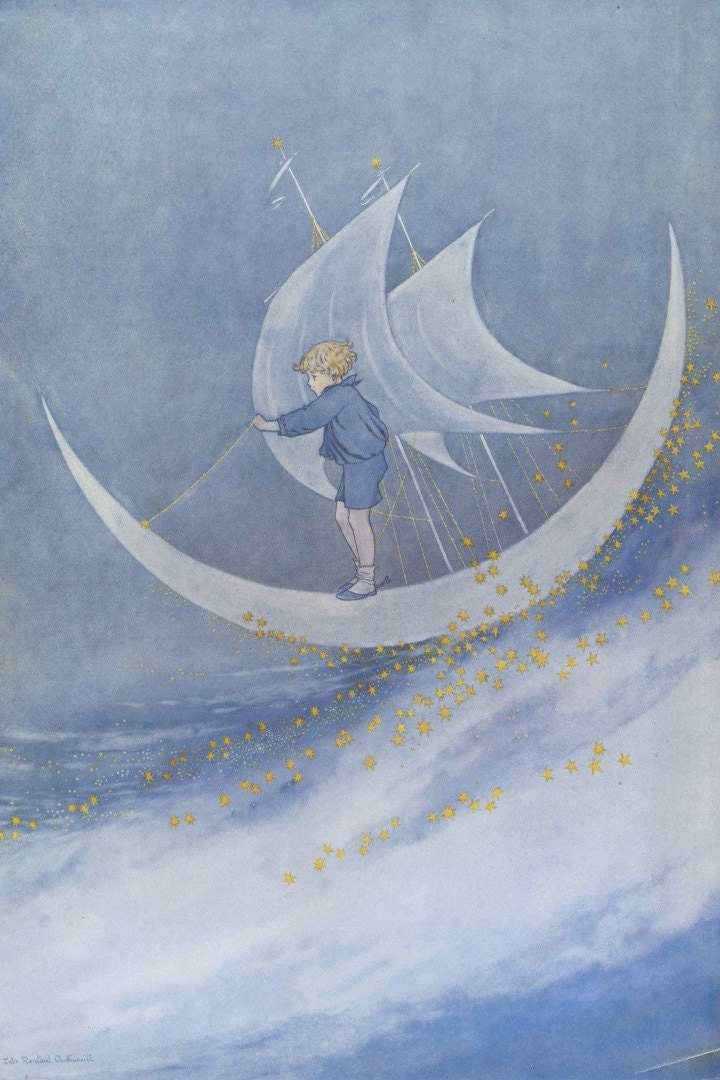 Nursery Canvas Wall Art - Sailing on the Moon, Little boy art print, Illustration by Ida Rentoul Outhwaite , Blue, Moon, Sky, Saling Tale