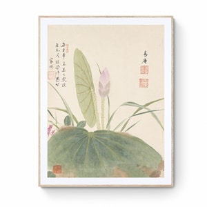 Vintage Chinese Painting Chinese pink lotus Flower Painting Chinese Ink Painting Chinese Watercolor Painting Wall Art Canvas Print