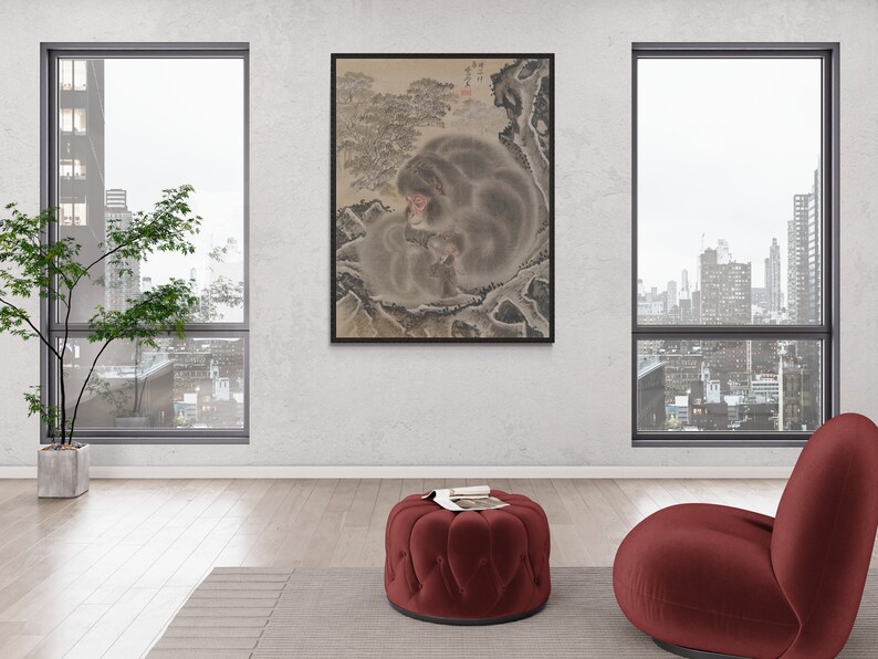 May include: A framed black and white ink painting of a monkey sitting in a cave with a mountain in the background.