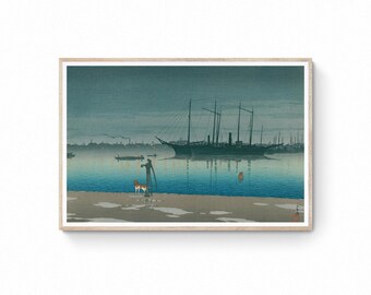Kawase Hasui Reproduction Canvas Print -Akashicho Harbour Seascape (Japanese Woodblock Art) | Japanese Wall Art | Ukiyo-e Print