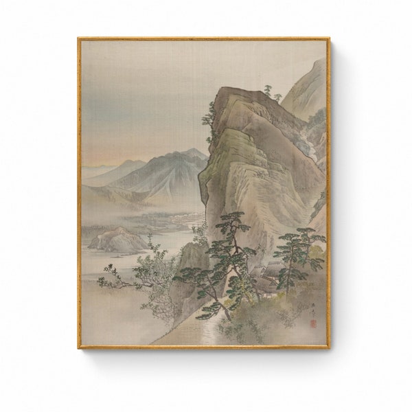 Pins japonais et impression de colline, encre de paysage asiatique oriental aquarelle Sumi E peinture peinture à l'encre japonaise Art mural Impression sur toile