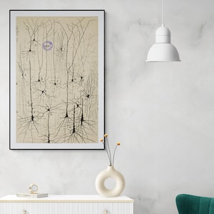 Może przedstawiać: Czarno-biała, vintage'owa ilustracja neuronu, czyli kom&oacute;rki nerwowej, z dendrytami i aksonem. Ilustracja jest oznaczona literami od A do M.