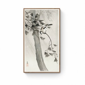 Japanese birds on tree branch Print, Japandi Ink Watercolor Sumi E Painting Japandi Canavs Art Print, Japandi Wall Decor Print