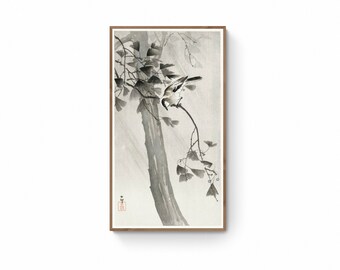 Japanese Bird Ink Print, Japandi Sumi-e Canvas Art