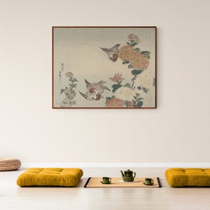 Vintage Japanese floral bird art prints, Sparrows and Chrysanthemums Katsushika Hokusai Ukiyo-e canvas print, Japanese woodblock painting